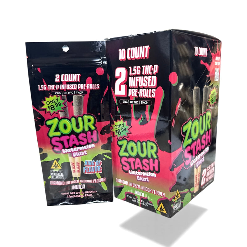 Zour Stash THCP Infused Prerolls 3g Pre Priced 2pk $8.99 10ct Display Box