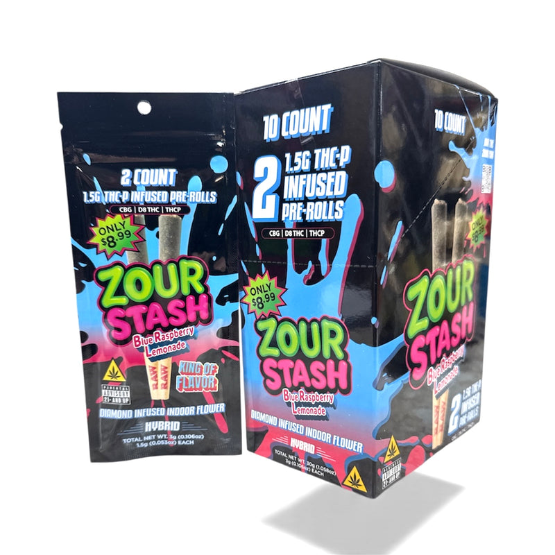 Zour Stash THCP Infused Prerolls 3g Pre Priced 2pk $8.99 10ct Display Box