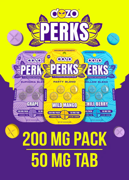 DOZO Perks 7-Hydroxymitragynine LVLUP Blend 200mg 4pk chewing tablet 10ct Display Box