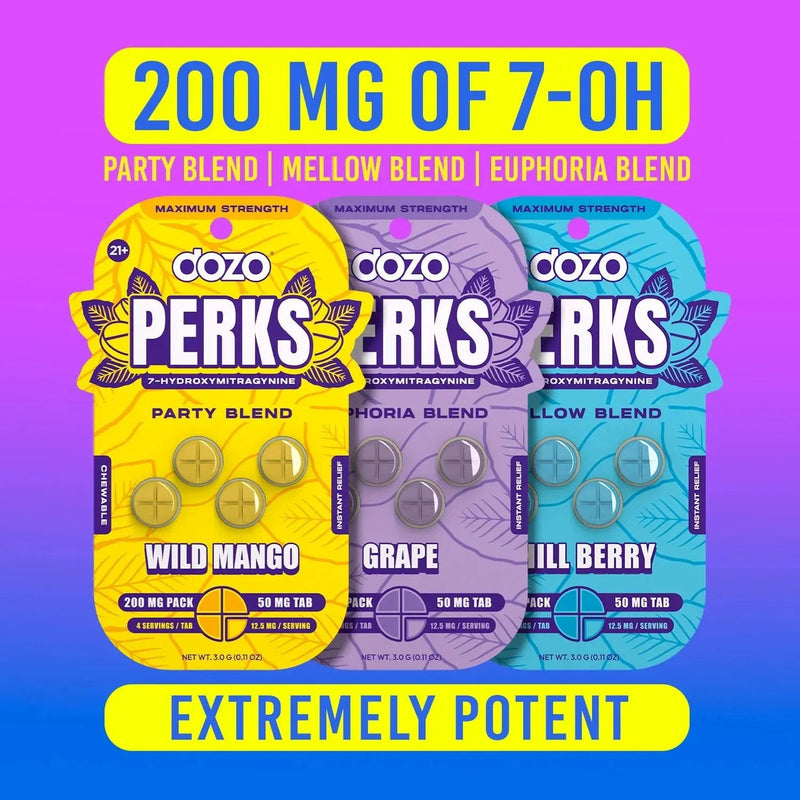 DOZO Perks 7-Hydroxymitragynine LVLUP Blend 200mg 4pk chewing tablet 10ct Display Box