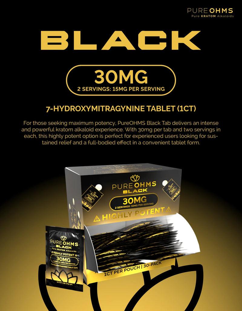 Pure OHMS Black 30mg Kratom 7-Hydroxymitragynine 1pk Tablet 30ct Display Box - Premium  from Y&M WHOLESALE - Just $120! Shop now at O&Z WHOLESALE